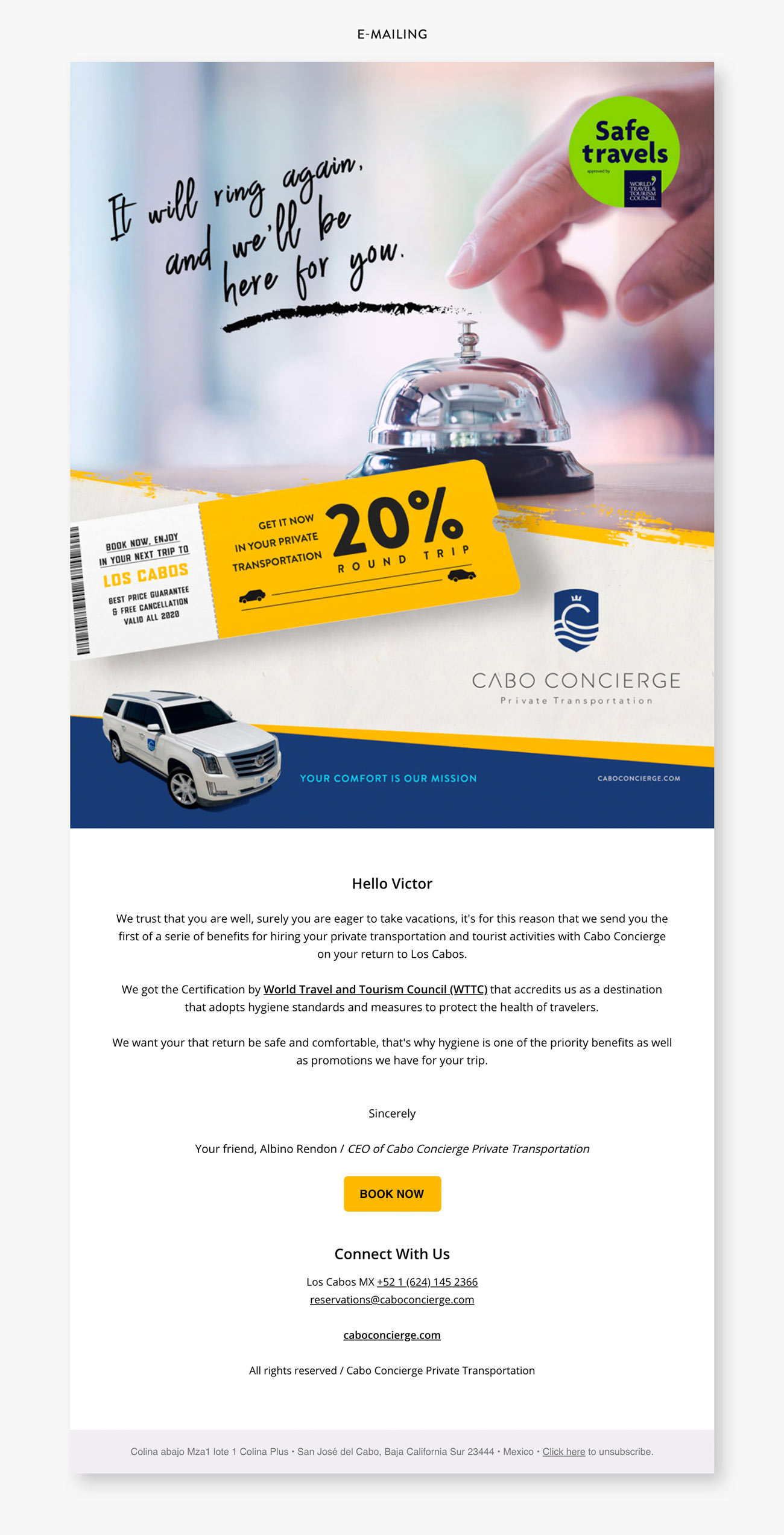 e-Mailing de campaña inbound marketing Cabo Concierge Private Transportation