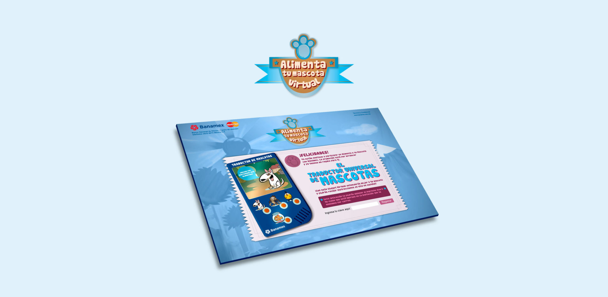 Landing page de promo digital alimenta tu mascota virtual con Banamex